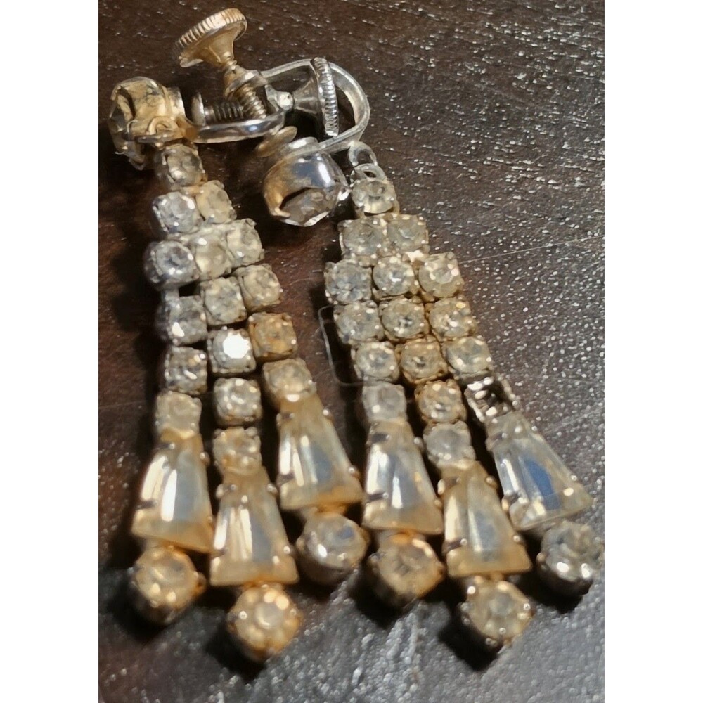Vintage Rhinestone Dangle Chandelier Screw Back Earrings Waterfall Drop 1950s
